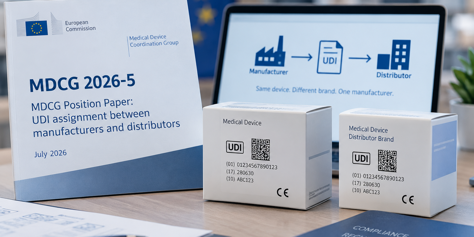  Immagine della MDCG 2026-5 con confezioni di dispositivi medici, codici UDI e schema tra fabbricante e distributore.