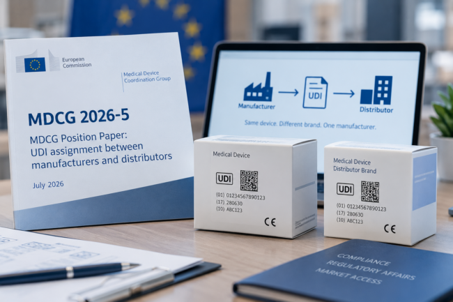 Immagine della MDCG 2026-5 con confezioni di dispositivi medici, codici UDI e schema tra fabbricante e distributore.