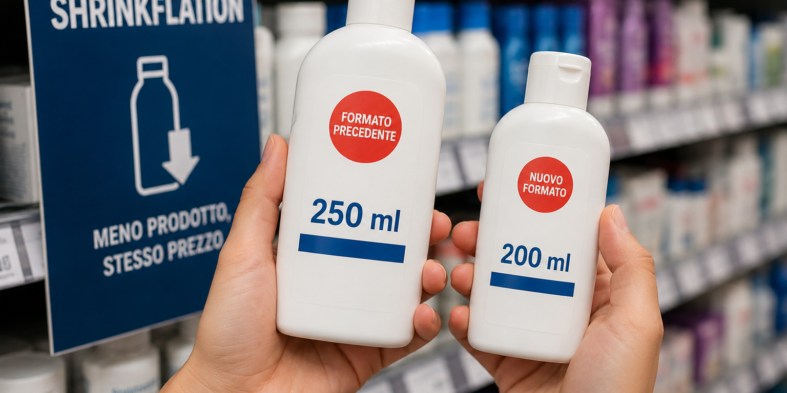 Esempio di shrinkflation con riduzione della quantità di prodotto da 250 ml a 200 ml