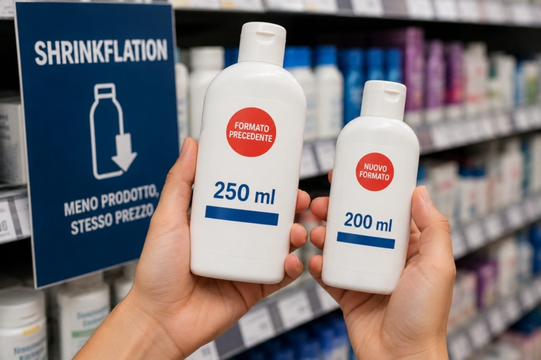 Esempio di shrinkflation con riduzione della quantità di prodotto da 250 ml a 200 ml